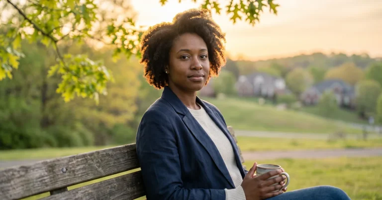 A woman pauses with her coffee on a park bench at sunset, reflecting on an accurate assessment for bipolar depression in Vestavia Hills, AL.
