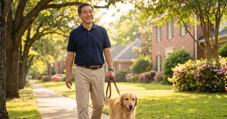 A man walks his golden retriever through a sunny neighborhood, staying active while managing neuropathic pain and central sensitization in Vestavia Hills, AL.